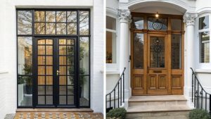 Comparison of modern Crittall doors with sleek black metal frames versus classic Victorian doors with ornate wood details, highlighting design differences