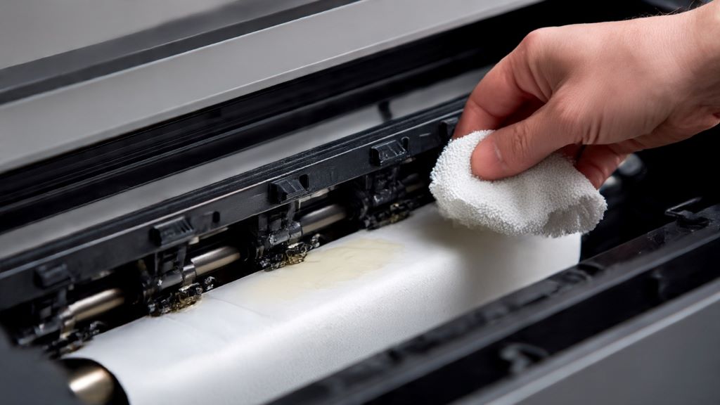 Close-up of printer paper feed rollers being cleaned with isopropyl alcohol