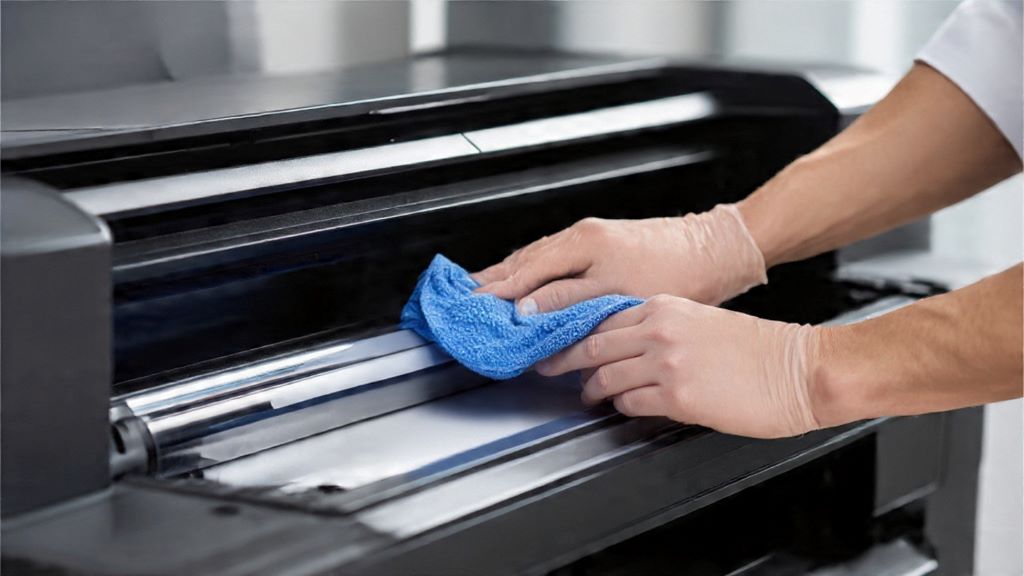 Person cleaning printer rollers with lint-free cloth to fix paper feeding issues