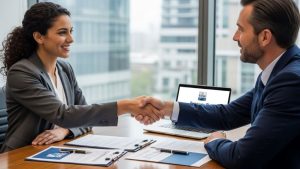Small business owner shaking hands with bank loan officer during funding approval meeting
