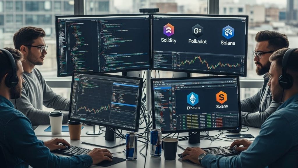 Developers working on blockchain code with multiple computer screens displaying cryptocurrency project repositories