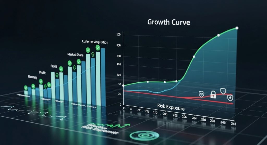 Graph showing balanced business growth curve with stable upward trajectory and risk management indicators