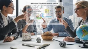 US accountants reviewing financial reports in office