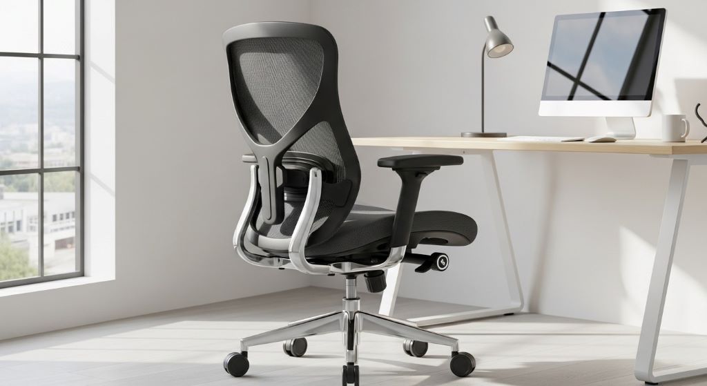 Ergonomic office chair with adjustable lumbar support and armrests promoting proper spinal alignment for back pain relief