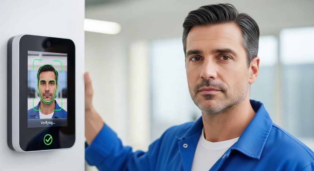 Worker using facial recognition system for automated time clock verification