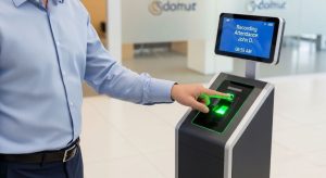 Fingerprint biometric scanner recording employee attendance at office entrance