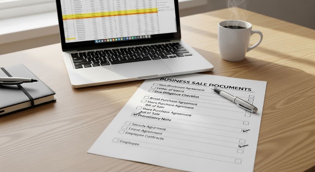 Checklist of business sale documents on a desk with a pen and laptop