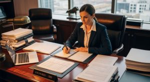 Business owner reviewing financial documents before a company sale