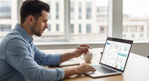 Stock market startup founder reviewing SEO dashboard on laptop
