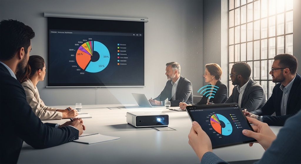 Smart projector office presentation with laptop screen mirroring
