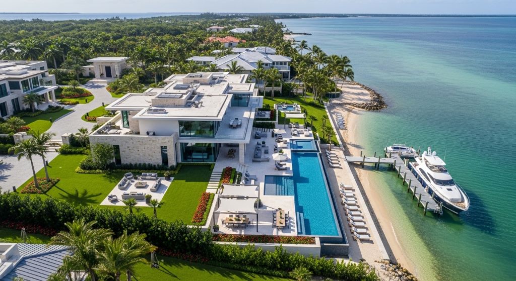 Aerial view of a luxury waterfront estate representing high-end real estate market