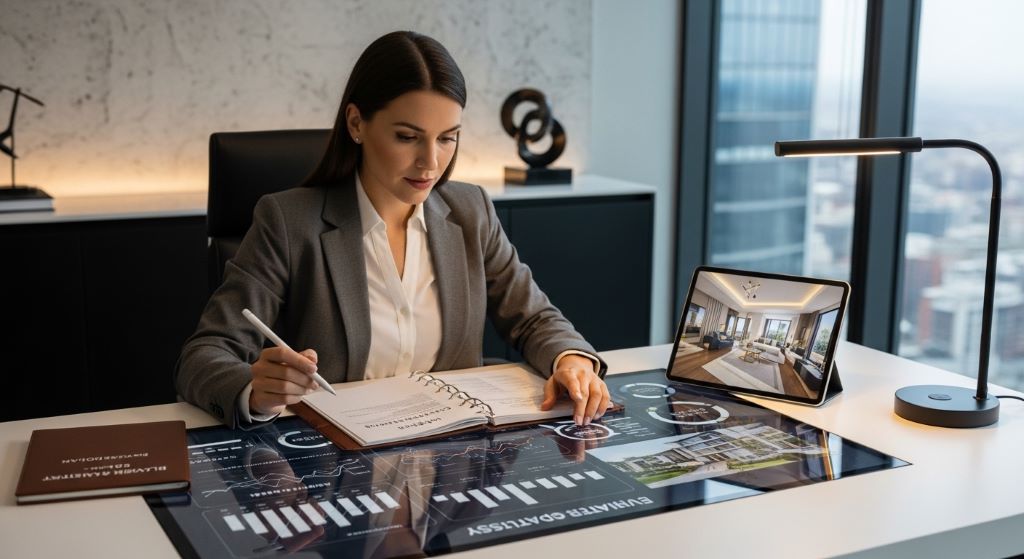Real estate agent reviewing a luxury property business plan at a modern office desk