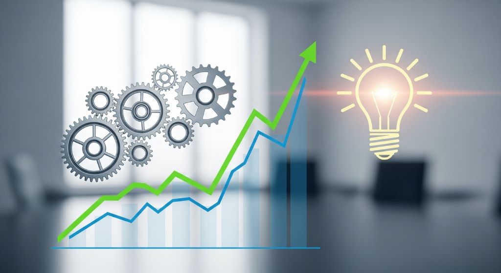 An upward growth graph alongside gears and lightbulb icons symbolizing business resilience through innovation and adaptability