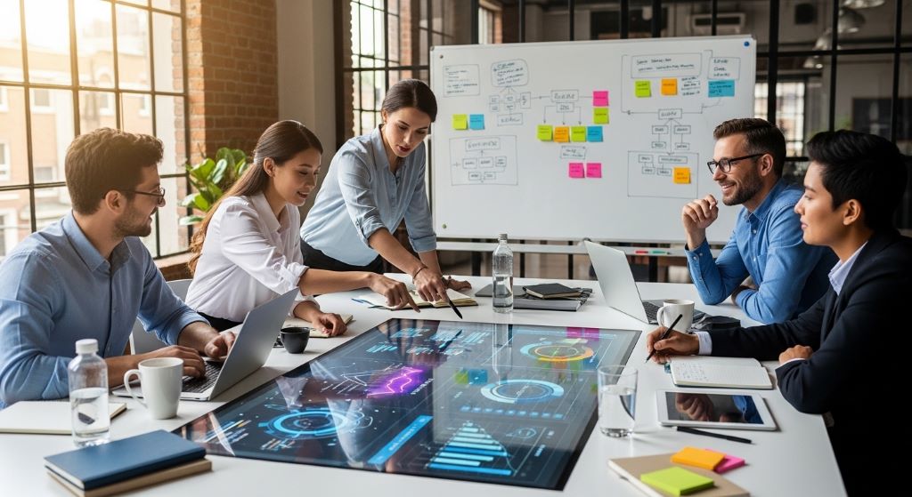 A business team collaborating around a table with charts and digital tools, representing adaptability and innovation in the workplace