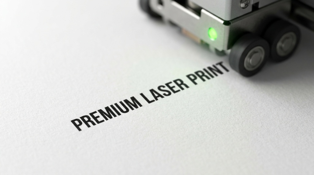 Macro shot of ultra-smooth laser printer paper texture showing razor-sharp black text without bleeding.