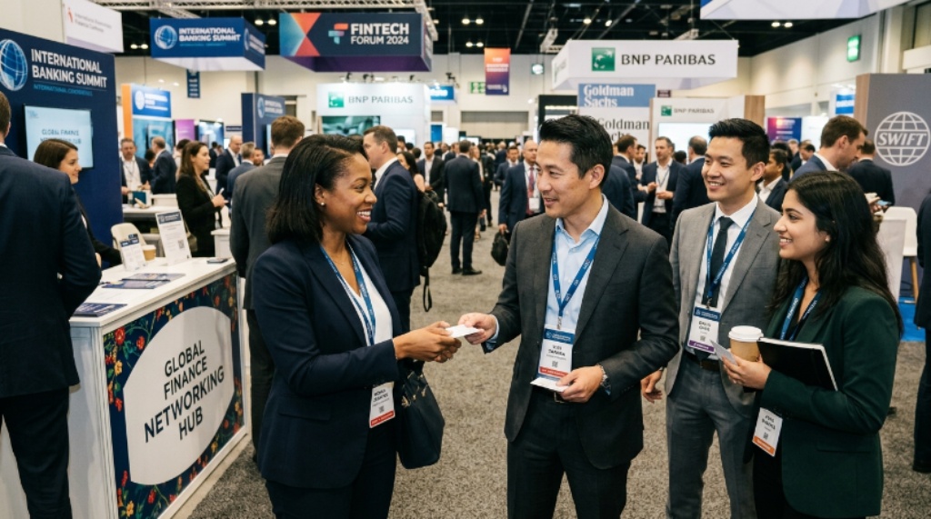 Banking professionals networking and exchanging business cards at an international financial conference exhibition floor