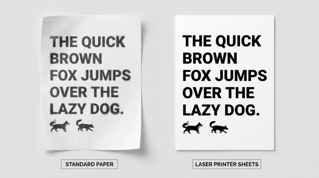 Side-by-side comparison of blurry text on standard paper versus sharp text on premium laser printer sheets.