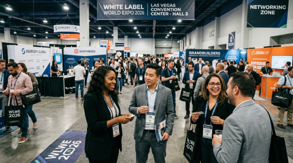 Exhibitors and entrepreneurs networking at the White Label World Expo 2026 at the Las Vegas Convention Center