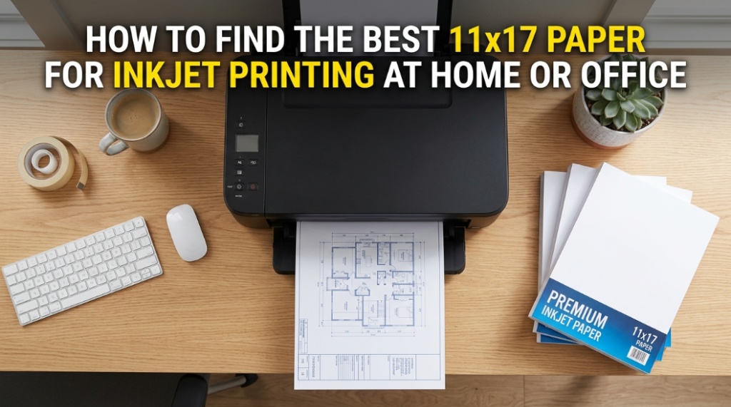 11x17 inkjet paper feeding through a professional printer in a home office setting.