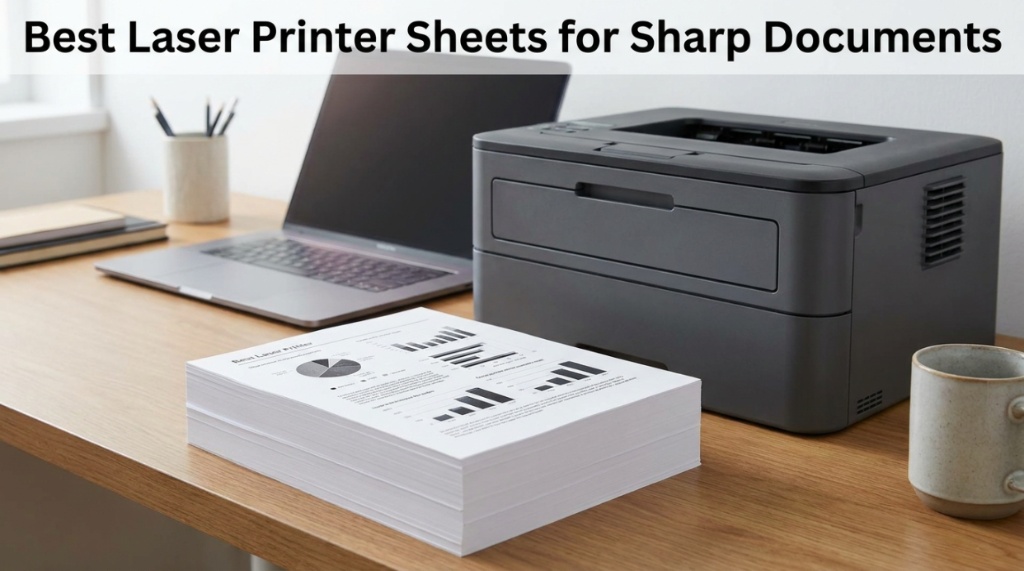A stack of crisp white laser printer sheets next to a premium office printer with sharp printed documents.