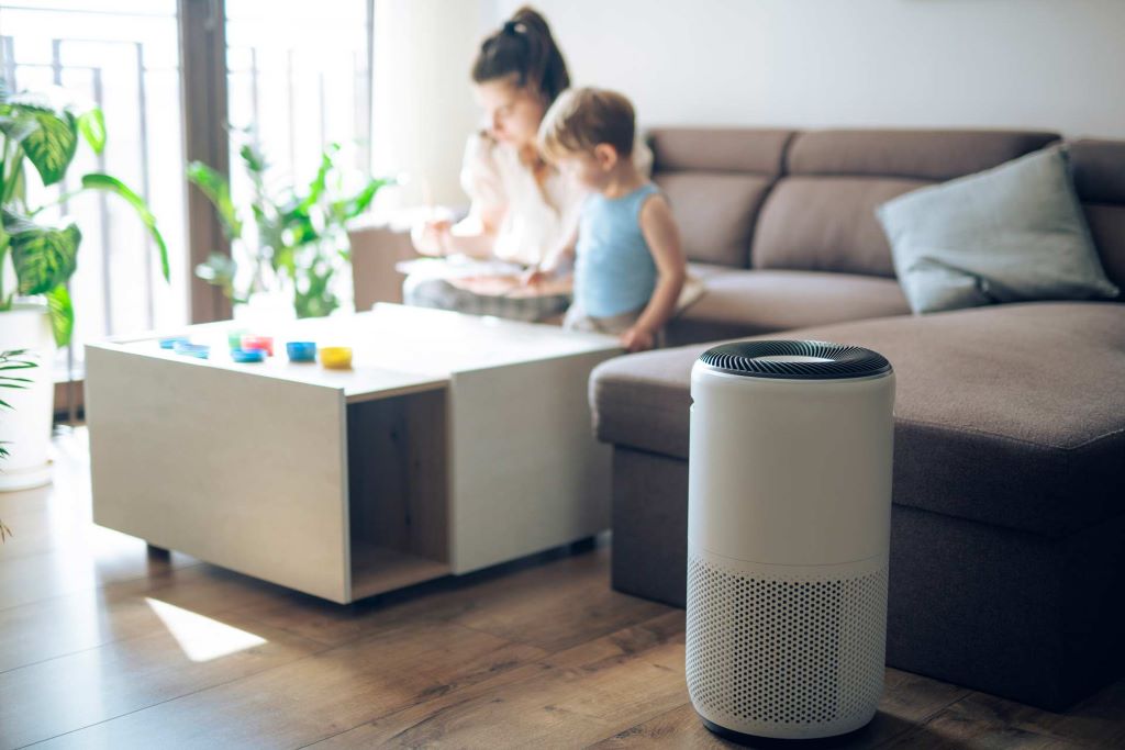 Affordable air purifier running in a clean and healthy indoor environment