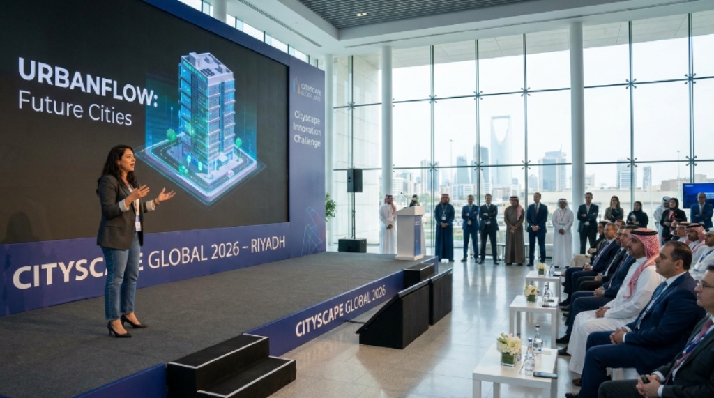 PropTech startup pitching on stage at the Cityscape Innovation Challenge during Cityscape Global 2026 in Riyadh Saudi Arabia