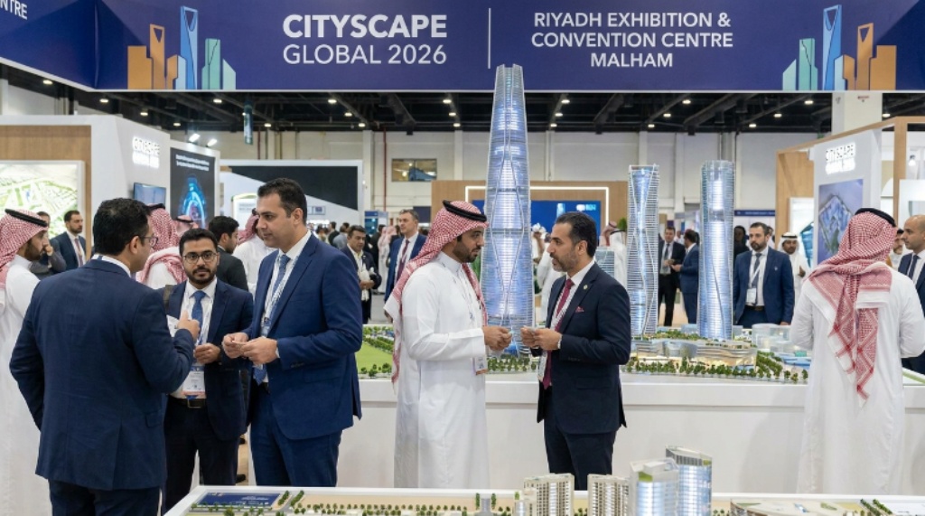 Real estate developers and investors networking at Cityscape Global 2026 exhibition floor at Riyadh Exhibition and Convention Centre Malham