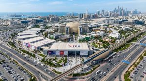 Aerial view of Expo City Dubai, venue for GITEX Global 2026, showing the exhibition centre and surrounding infrastructure