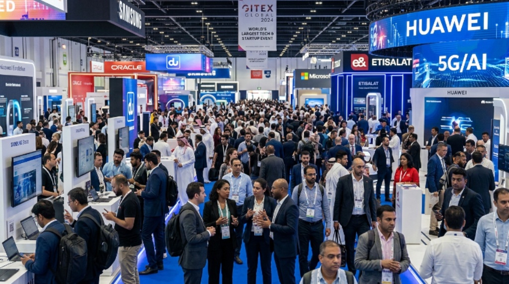 Crowded GITEX Global technology exhibition floor with exhibitor booths, digital displays, and attendees networking