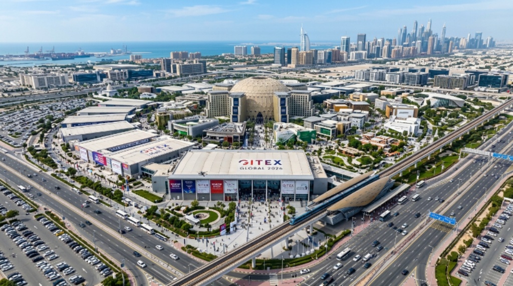 Aerial view of Expo City Dubai, venue for GITEX Global 2026, showing the exhibition centre and surrounding infrastructure