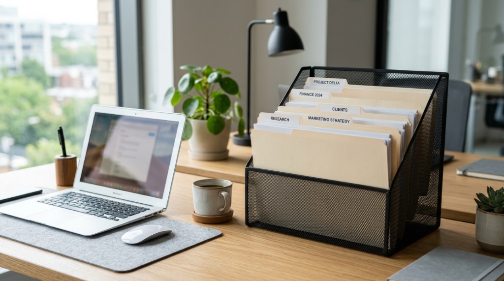 Hands placing a labeled document folder into a vertical office file organizer.