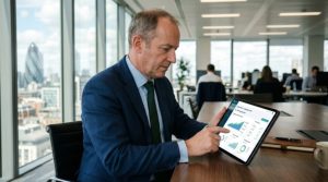 A real estate fund manager accessing an investor portal on a tablet to review distributions and performance reports using modern investment management software