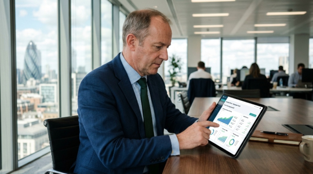 A real estate fund manager accessing an investor portal on a tablet to review distributions and performance reports using modern investment management software