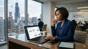 A real estate investment manager reviewing portfolio performance dashboards on a laptop using investment management software in a US office in 2026