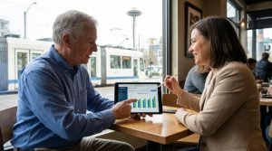 A property manager and investor discussing rental income reports generated by cloud-based real estate investment software on a tablet in an American city