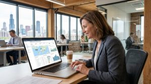 A real estate investor reviewing property portfolio performance dashboards on a laptop using investment management software in a modern US office