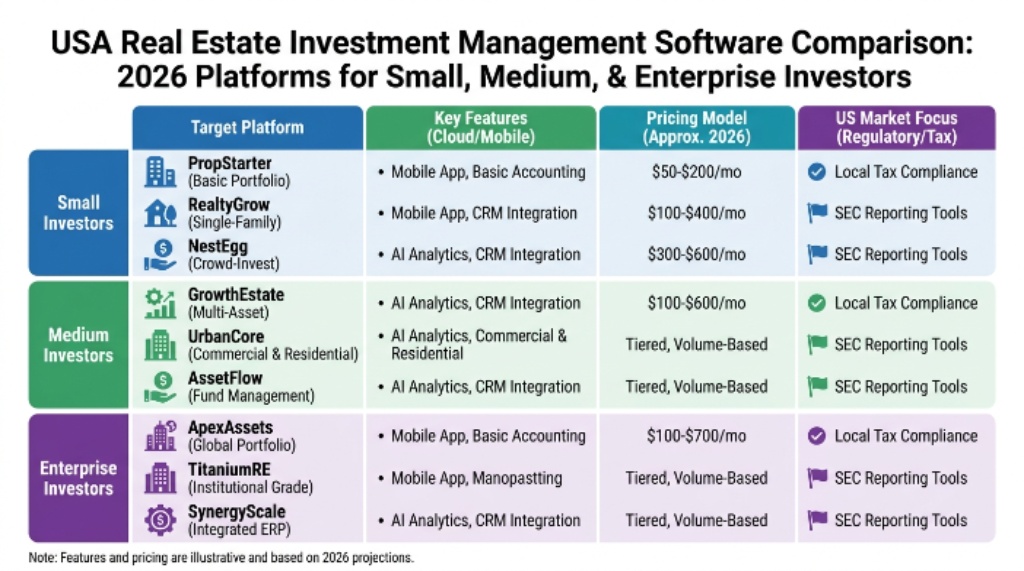 Comparison chart of the best real estate investment management software platforms for small, medium, and enterprise investors in the USA in 2026