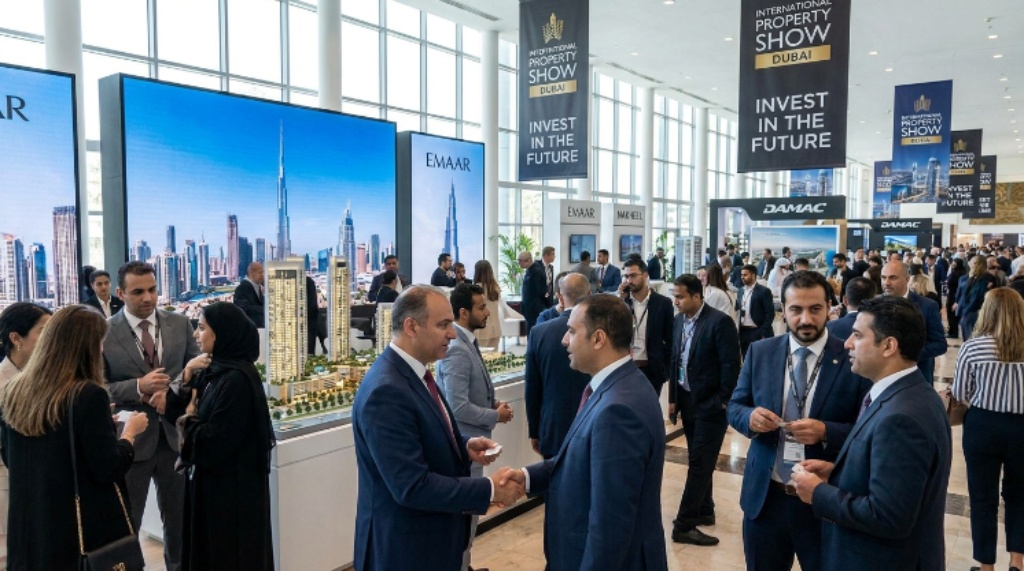 Visitors and investors networking at International Property Show Dubai exhibition floor