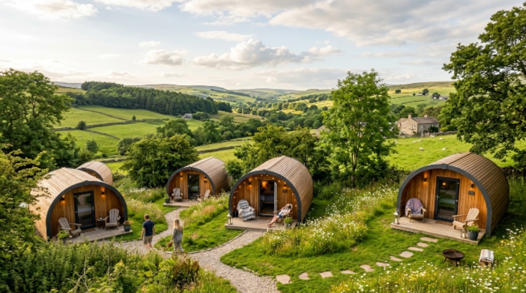 Glamping pods on rural UK camping land surrounded by green countryside