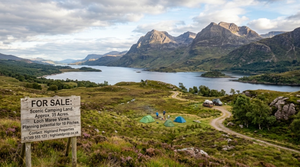 Scenic camping land for sale in the Scottish Highlands with loch views