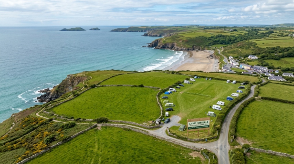 Aerial view of campsite land for sale in Wales near Pembrokeshire coast
