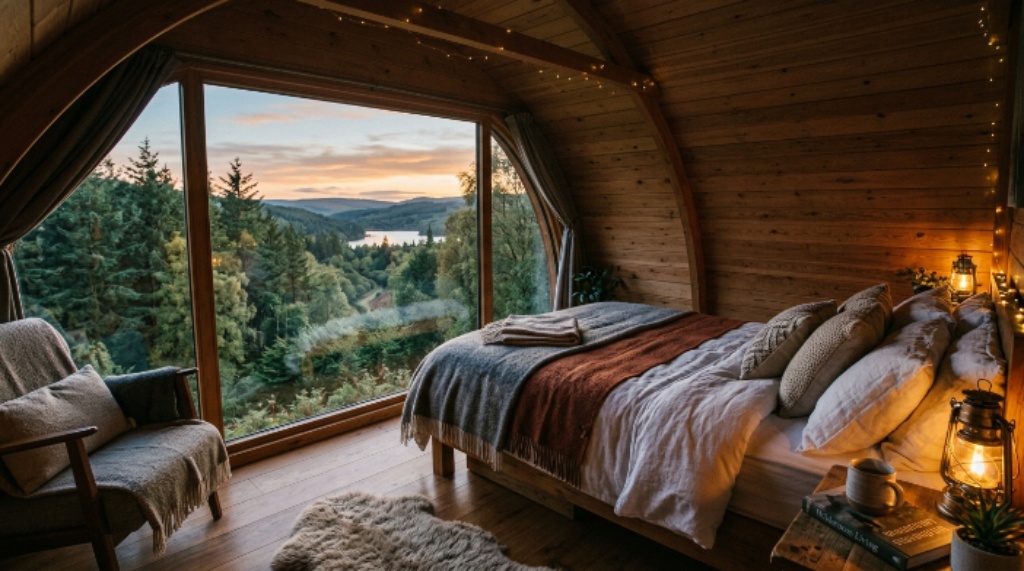 Interior of glamping pod with cozy bed and large window overlooking nature