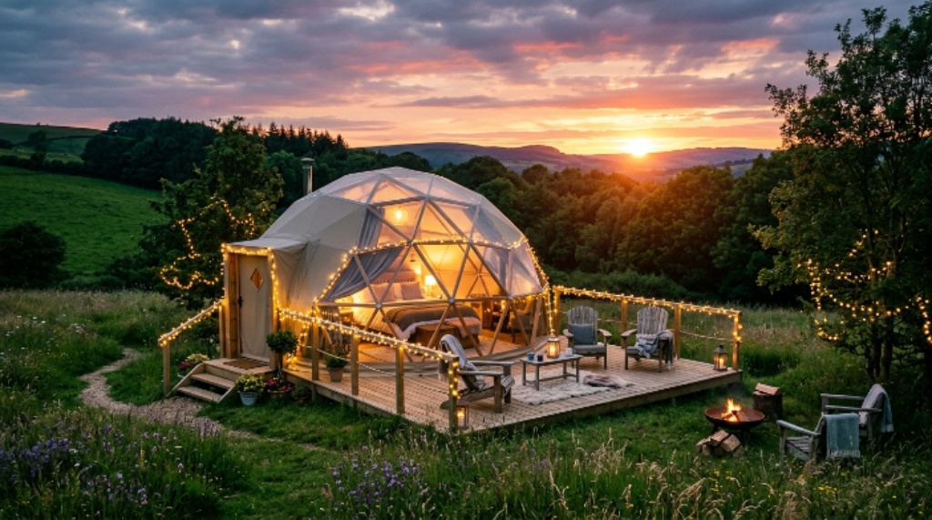 Luxury glamping dome on green field at sunset with fairy lights glowing