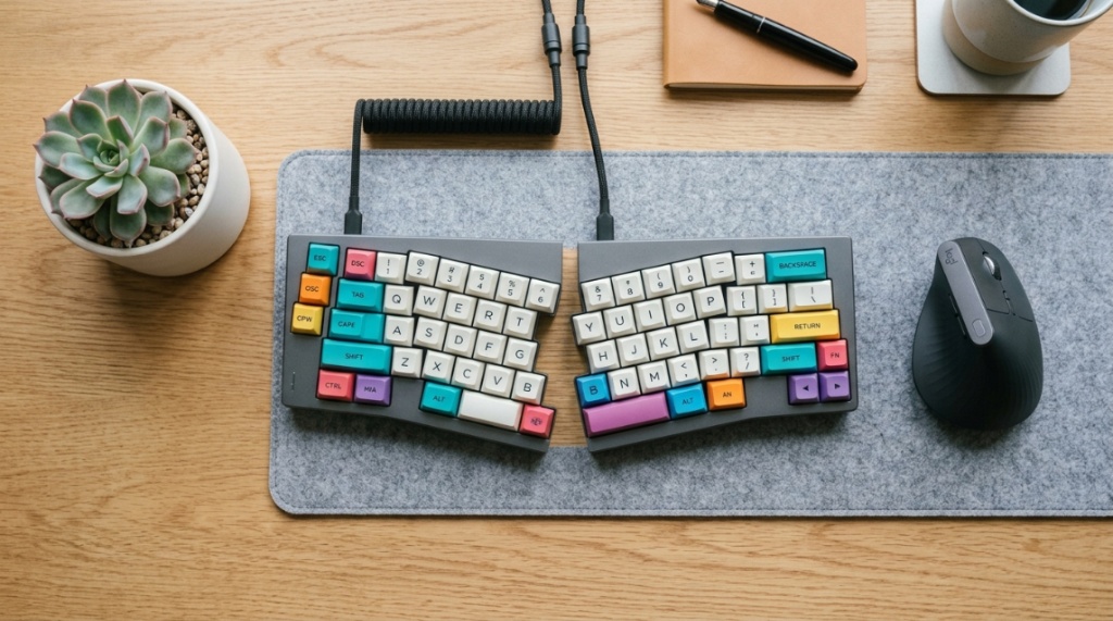 Split ergonomic mechanical keyboard and vertical mouse on a desk