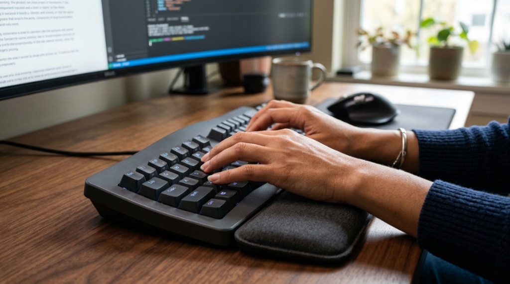 Close-up of hands typing on a curved ergonomic keyboard