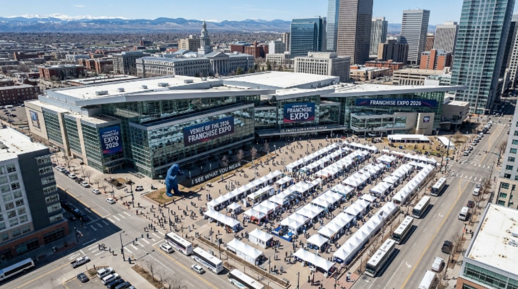 Aerial view of the Colorado Convention Center in downtown Denver, venue of the 2026 franchise expo