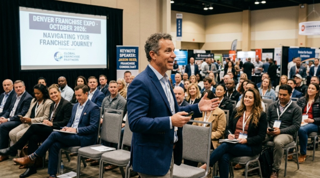 A franchise consultant speaking with attendees at a seminar during the Denver Franchise Expo in October 2026