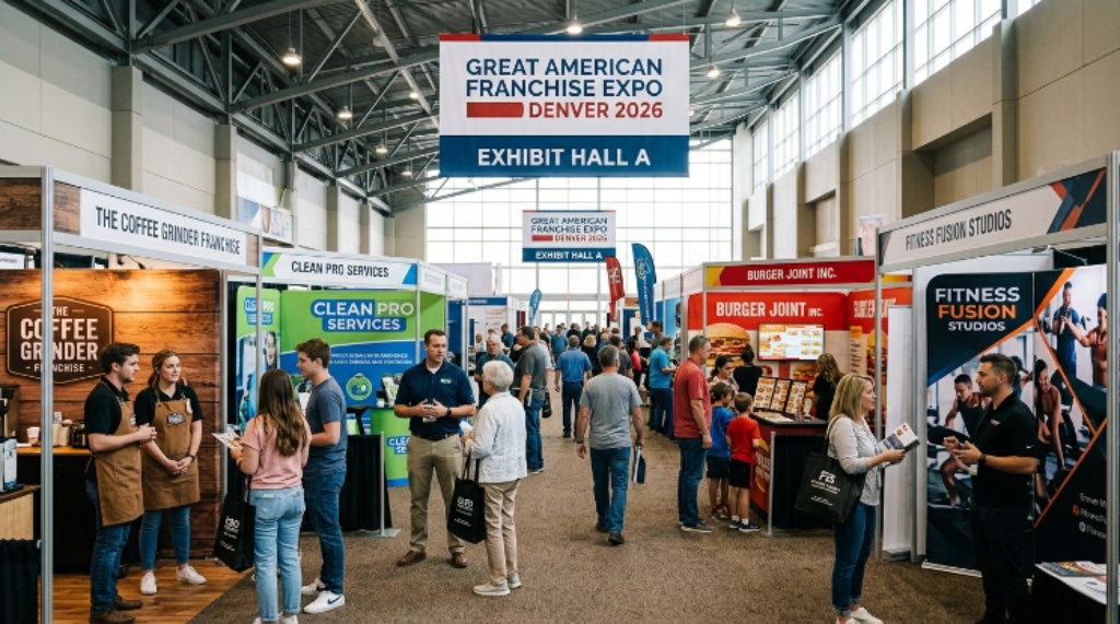 Visitors exploring franchise booths at the Great American Franchise Expo Denver 2026 inside the Colorado Convention Center
