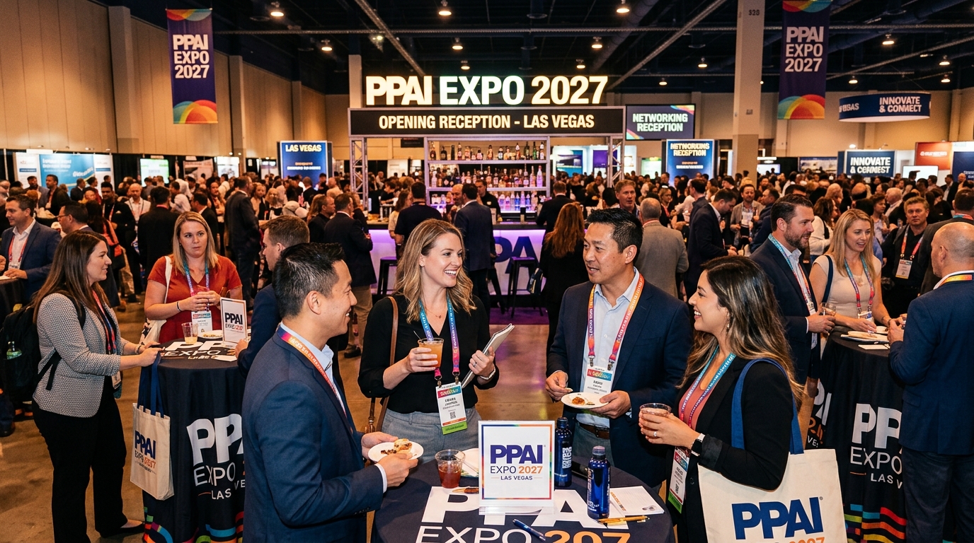 Branded merchandise professionals networking at PPAI Expo 2027 opening reception in Las Vegas
