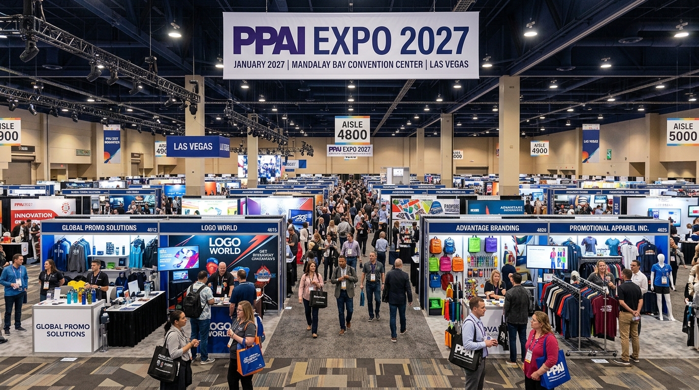 PPAI Expo 2027 show floor with exhibitor booths at Mandalay Bay Convention Center Las Vegas
